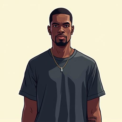 Black male character facing forward in a digital illustration. He wears a solid color t-shirt. Bright light illuminates the left side. No background or accessories. Simple shading adds depth. Follows GTA art style with a minimalist approach.