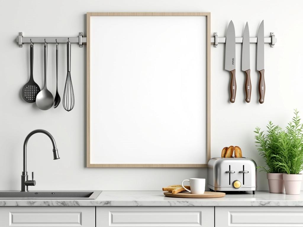 This image shows a modern kitchen countertop with a clean and minimalist design. On the left, there is a shiny faucet over a sink with a marble surface. Above the sink, hanging utensils including spatulas and a whisk are neatly arranged. A set of sharp knives is displayed on a wall-mounted rack. To the right, there are three potted herbs labeled 'Basil', 'Rosemary', and another green plant. The background features a large empty frame suited for artwork or a menu. On the counter, there’s a toaster with toasted bread and a cup beside it, inviting a warm breakfast feeling.