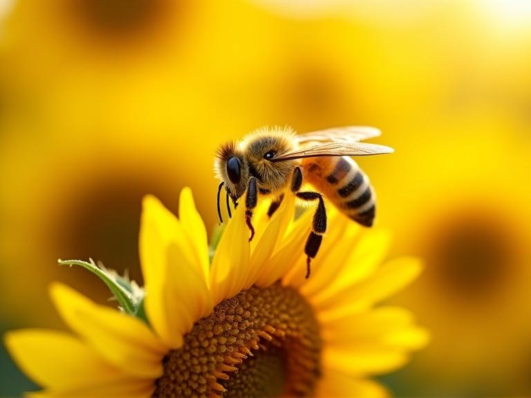 Close-up macro photograph of a honeybee on a sunflower. Bee on vibrant yellow petals. Details of fuzzy body and translucent wings visible. Pollen dusted on bee. Background of softly blurred more sunflowers. Warm golden sunlight bathes the scene. Captures intricate pollination details and relationship between bee and flower.