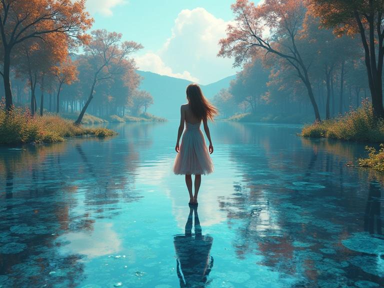 CGI Pixar style 3D art of a young woman in a dewdrop dress walking on a lake. The waters act as liquid mirrors. Reflections depict corrupted realms. Fish have broken mirror teeth. Bright colors and empty background.