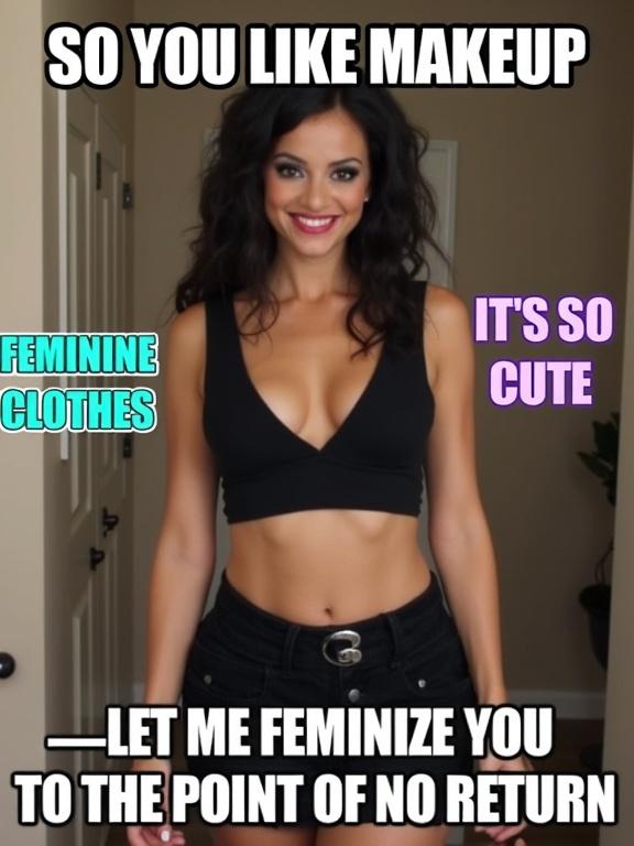 A feminine crossdresser in revealing black crop top and mini skirt poses seductively smiling at the camera. Bold dramatic makeup enhances look. Text in colorful fonts surrounds the model. Natural indoor background with cabinetry is visible. Focused on the subject and legible text. Digital photography.