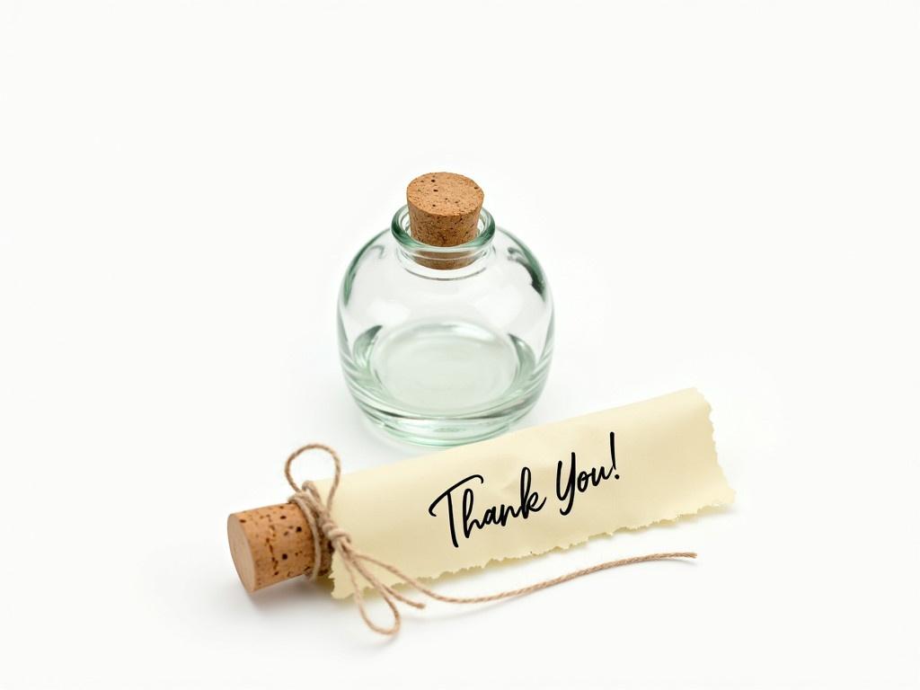 A glass bottle is positioned on a bright white background. Inside the bottle is a rolled piece of parchment paper, secured with a thin twine bow. The paper features a handwritten message that reads "THANK YOU!" in elegant, flowing script. The corked bottle adds a rustic touch. The overall image conveys a sense of appreciation and nostalgia, suggesting a message in a bottle lost in time.