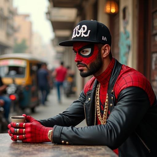 Cinematic photo Egyptian shaabi-style Spider-Man sitting street café Helwan wearing customized red suit leather jacket flashy gold chain sucking tea serious look. Around Egyptian youths tank tops playing backgammon smoke shisha. Tuk-tuks graffiti walls balconies warm gritty lighting.