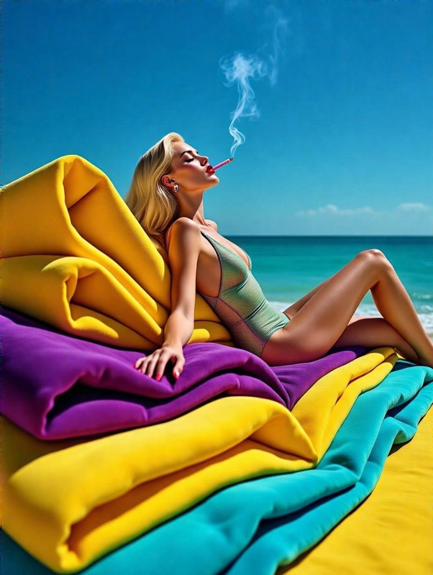 High-fashion editorial photograph of a woman sunbathing on a colorful beach towel at the seaside. Deep blue sky is the backdrop. Stylish one-piece swimsuit is worn by the woman. Bold yellow, purple, and turquoise layers of fabric create a sculptural shape beneath her. Head is tilted back in relaxation with a pink cigarette. Wisp of smoke curls upward. Sunlight casts dramatic shadows enhancing her sun-kissed skin. Shot with 85mm lens for high detail.