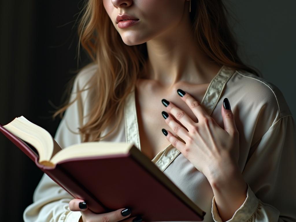 A pale woman reading a book. One arm holds the book at face height. The other hand rests on her chest emphasizing long almond shaped black nails. The focus is on her elegant nails.