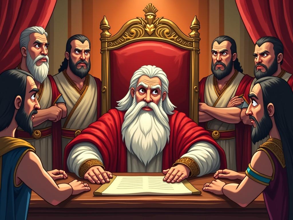 In biblical ancient times, in Babylon, there is a cheerful cartoon illustration of the governors bowing dramatically before a thoughtful king in the king's court room. The king is dressed in royal red and gold clothing, sitting on a majestic throne. The governors wear elegant royal robes and display wicked expressions on their faces. The royal court room is adorned with golden decorations and has rich red curtains hanging down. The king has white hair and a thick beard, portraying wisdom and authority. His expression is serious as he signs a scroll, contemplating the matters presented to him.