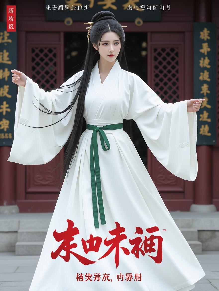 Woman in a flowing white outfit stands with a dignified demeanor. Long hair cascades down. Background shows traditional architecture typical of Wuxia settings. Green belt accentuates the waist. Red title of the film featured prominently below. Evokes themes of honor and adventure.