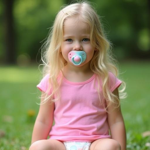 A 6-year-old girl with long blonde hair is sitting in a park. She wears a pink shirt and diapers. A big pacifier is in her mouth. She looks directly at the camera.