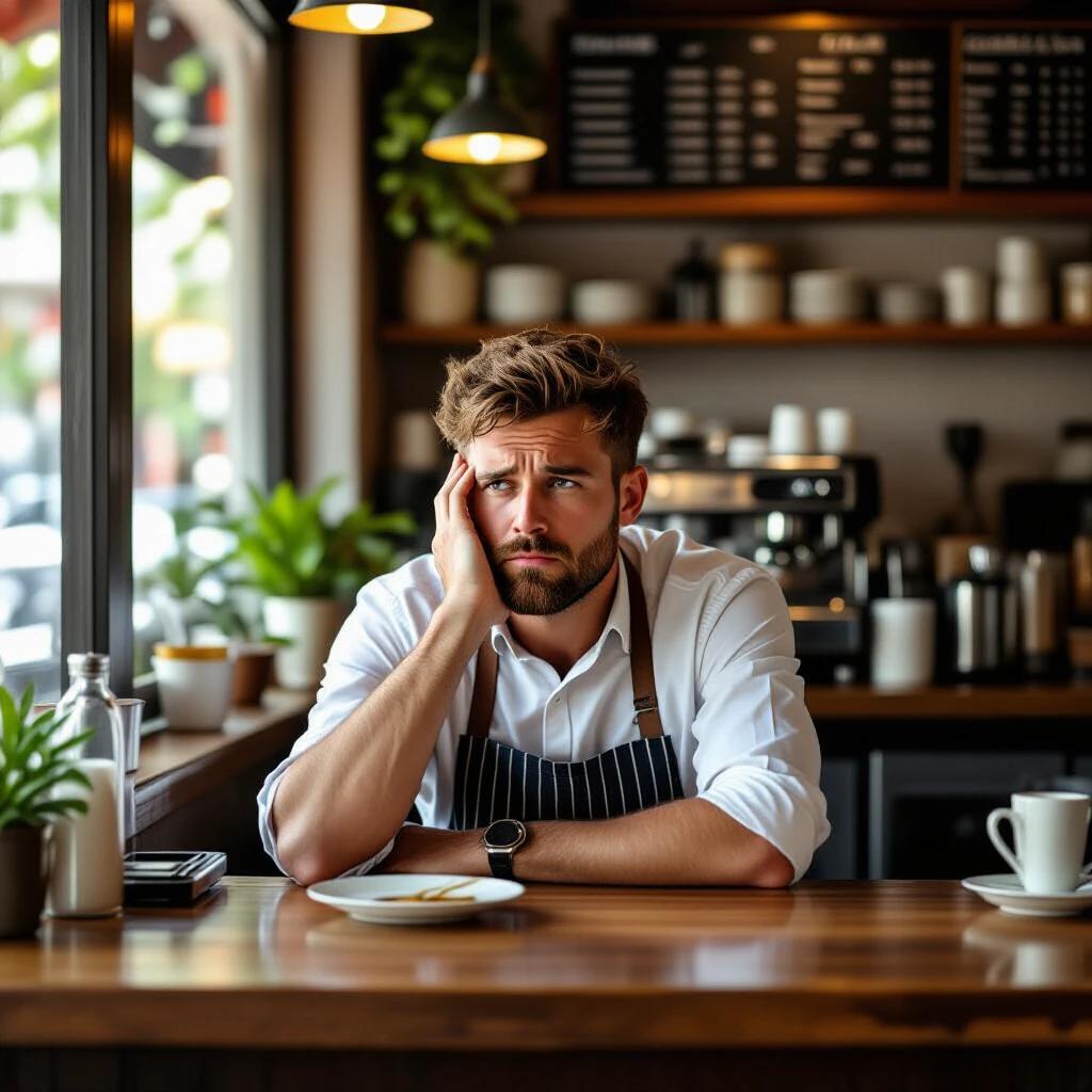 A tired man sits behind the restaurant counter. He wears a white shirt with black stripes and rests his head on his hand. Coffee cups and plants are placed on the counter. The background shows a modern cafe atmosphere with wooden decor. Light streams through the windows creating a warm feel.
