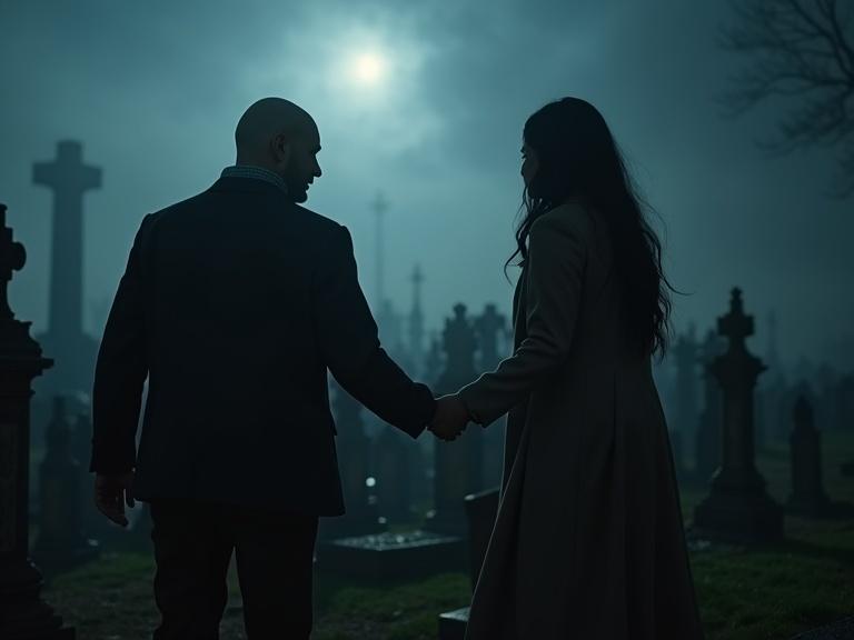 A graveyard scene in Edinburgh at midnight. Fog covers the ground. Two figures, a bald white man and a beautiful Chinese woman, stand in a graveyard. They hold hands. The atmosphere is dramatic with moody lighting from the moon.