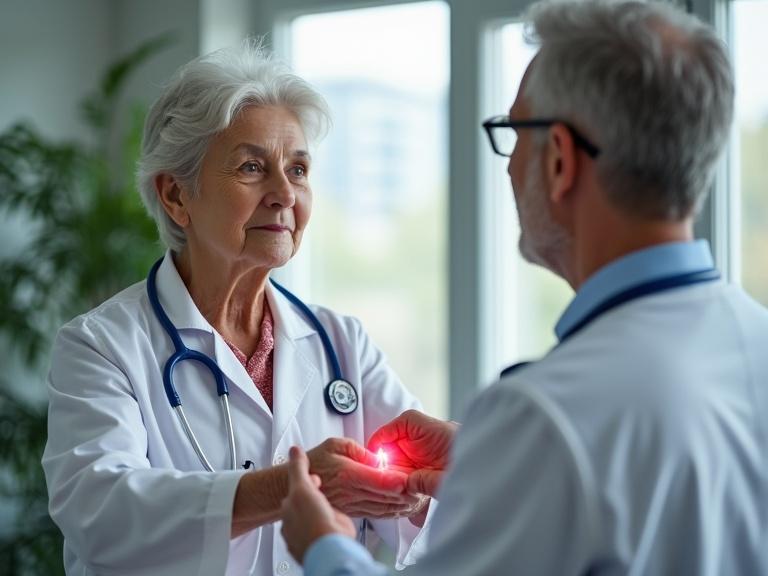 Doctor checking heart rate of an older adult during light exercise. Caution symbols are in the background.