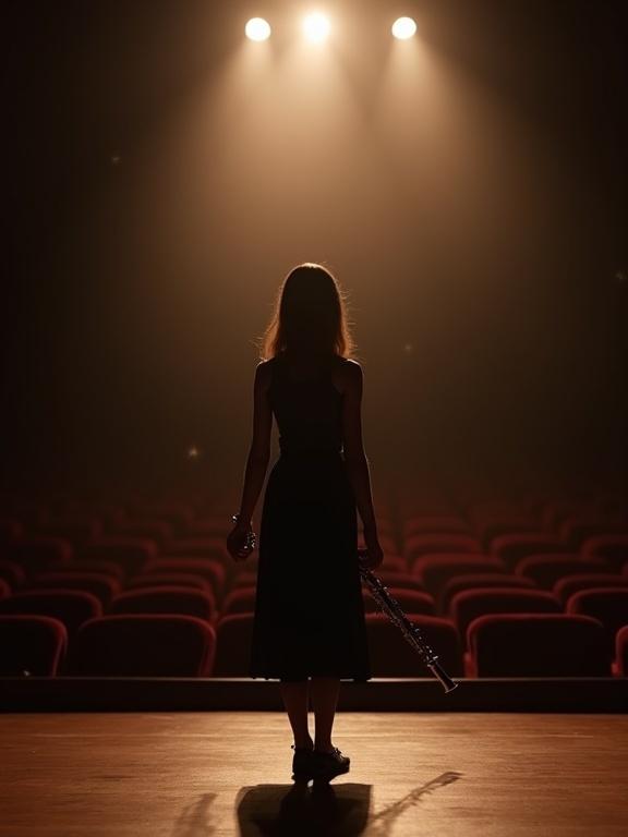 Cinematic shot of a young girl clarinetist standing center stage in a grand concert hall. She holds her clarinet firmly in her right hand. The lighting is dramatic with a high-contrast spotlight. The empty auditorium is blurred in the background. The mood is one of anticipation and concentration.