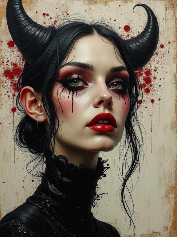 3D mixed media painting featuring a woman with gothic elements. She has horns and dramatic makeup. The background shows splashes of color.
