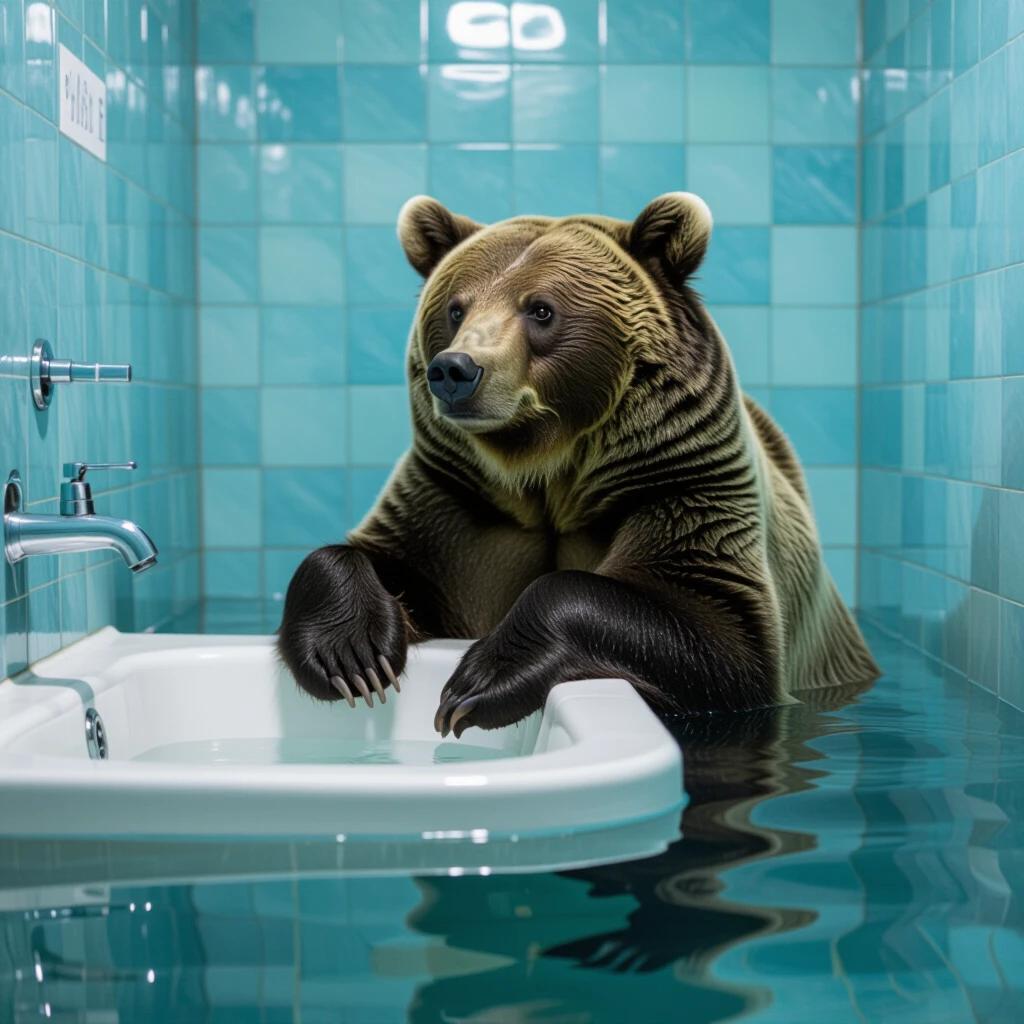A bear sits comfortably in a public bathroom. The bear's paws rest on the edge of a bathtub filled with water. The bathroom tiles are a vibrant turquoise color. The bear has a relaxed expression. The setting is humorous and surreal.