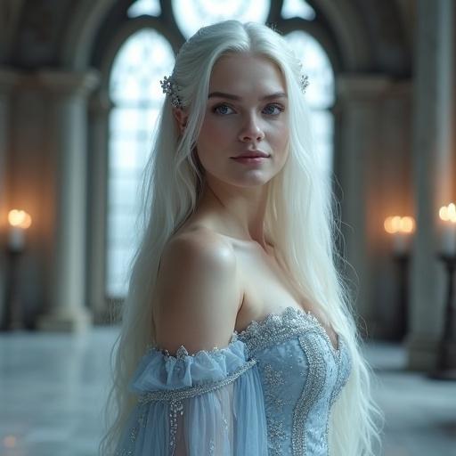 An elegant adult woman approximately 25 years old presents an enchanting appearance. Long straight platinum blonde hair with a silvery shimmer cascades down. A delicate icy crystal hair ornament adorns her hairstyle. She wears an ethereal gown made of translucent icy fabrics with intricate silver embroidery. The setting is a grand candlelit dining hall with arched windows and stone columns, creating a soft magical atmosphere. Her demeanor is calm with a gentle maternal smile. The overall composition conveys a cool, otherworldly vibe, designed for adult viewers.