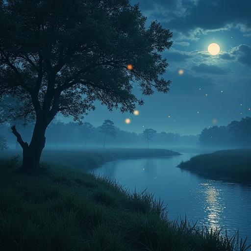 Ethereal dark grassy area with a tree. Lovely river with high-resolution reflections. In the distance glowing fireflies and the moon. Stellar movie-like masterpiece.