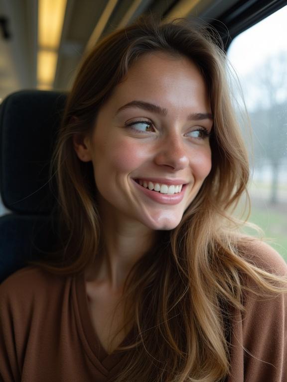Amateur candid photo capturing a beautiful woman smiling while traveling on a train. She has long hair and sits by the window, reflecting joy.