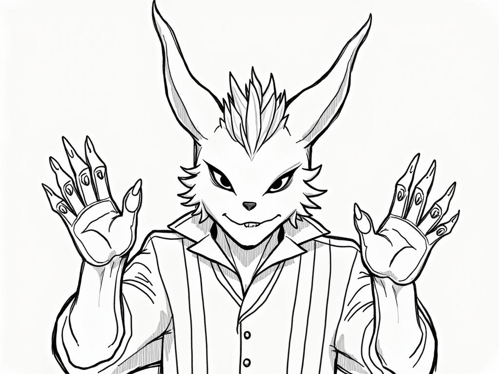 Character with dragon ears and white fur. Clawed hands posed in front. Frontal view. Line art style. No background.