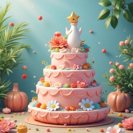 A highly realistic and detailed cake with multiple tiers. Decorated with flowers and a star figure on top. Surrounded by foliage and floral arrangements. Soft pink colors predominate with bright floral accents. The scene conveys a festive atmosphere.