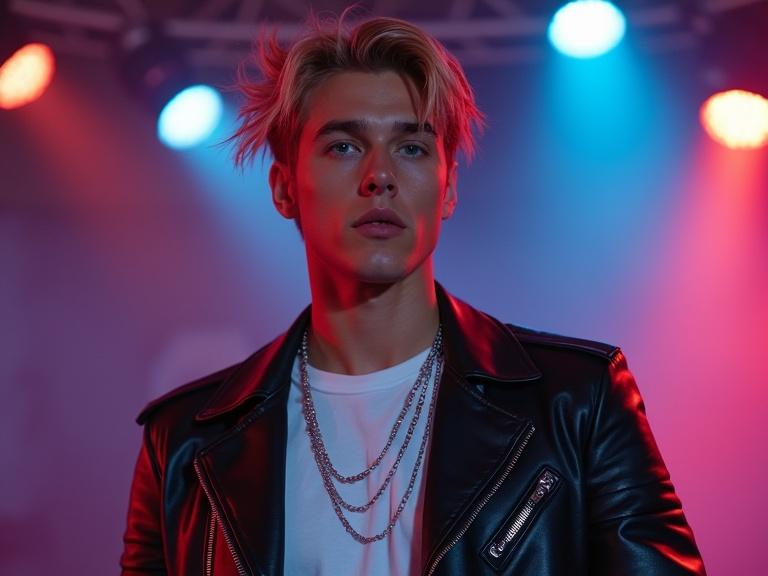 Charismatic young male singer with dark blond hair and blue eyes wearing a leather jacket and white t-shirt on stage. He sings passionately under colorful lights creating an urban pop vibe.