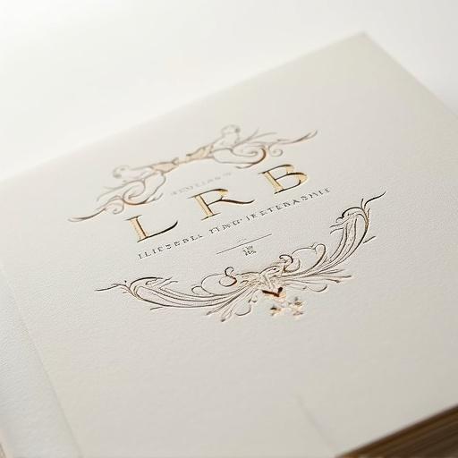 Close-up shot of high-quality textured cotton paper. Off-white color. Center features large blind emboss impression. Ornate calligraphic monogram combines letters LRB and a vintage microphone silhouette. Clean soft lighting accentuates texture. Minimalist and photorealistic style. Aspect ratio is 1:1.