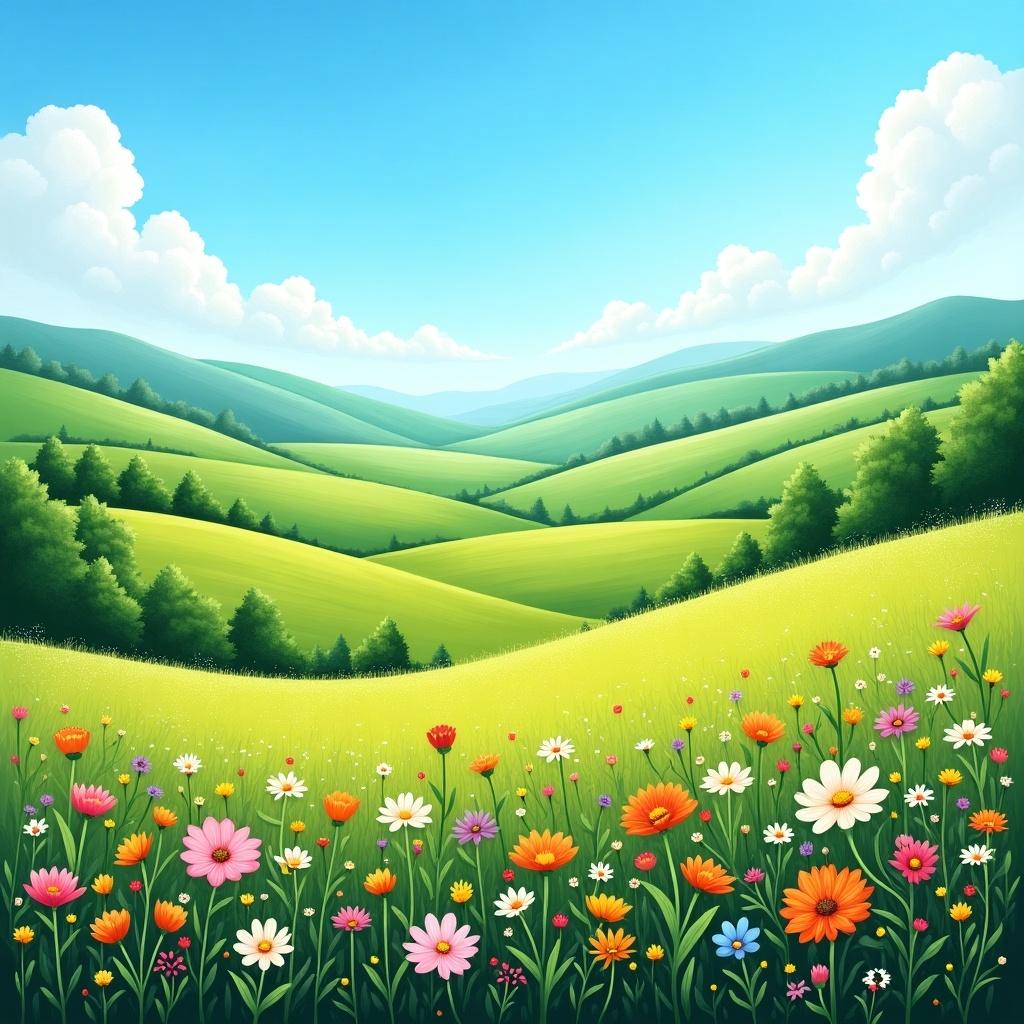 Colorful flower meadow with rolling green hills under a bright blue sky. The scene includes a variety of flowers in the foreground and lush greenery in the background. Fluffy clouds float in the sky, creating a cheerful atmosphere.