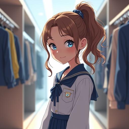 Anime character design featuring a futuristic little girl in a modern walking closet. She has light brown curly hair in a ponytail. She wears a luxurious school uniform and expensive light blue diamond jewelry. The setting is in a mega mansion in Osaka. The girl has a happy expression, surrounded by high-end fashion items.