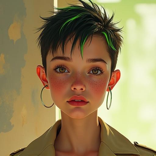Ultra realistic digital painting of a freckled teenage girl with spiky short cut with neon green tips wearing long trench over cocktail dress. Direct eye contact with soft confidence. Artistic background with faded shapes. Backlit with soft warm tones. High detail in facial features skin texture and hair strands. Fashion editorial style