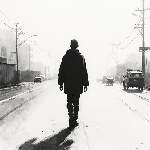 A minimalist bald human silhouette in a busy road. Tall thin figure depicted in black fill color against a monochrome background. Delicate and detailed ink lines create a serene mood, inspired by traditional Asian brushwork.