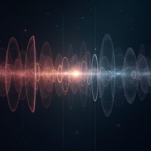 Minimalistic sound wave representation in all directions. Depicts 440Hz frequency in a visually striking manner. Ethereal and abstract design with glowing elements. Science and art merge in one image.