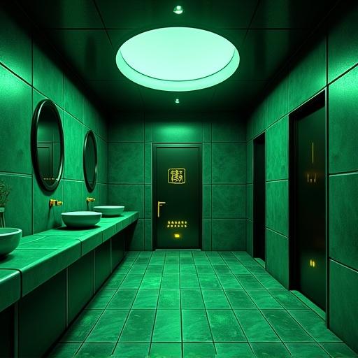 Anime style, setting in 2104, futuristic sauna in a modern luxurious building design. Features emerald green and black color scheme. Time is noon in Shanghai. Contains oversized room with sophisticated features such as unique lighting and stylish mirrors.
