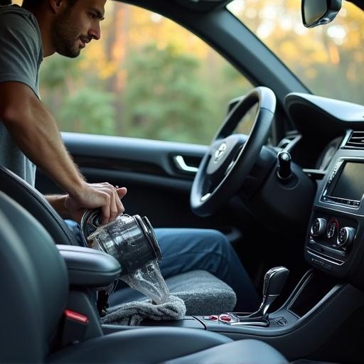 A person is cleaning the interior of a car with a vacuum cleaner. The car interior is visible with modern features. The image shows a person's hand holding the vacuum. Natural light is entering through the window, illuminating the scene. Only the car interior is framed without any identifiable details of the individual.