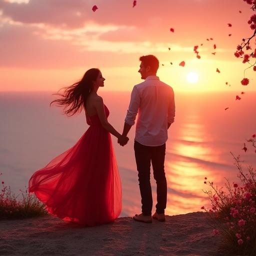 Couple stands on cliffside during sunset. Sky glows pink orange and purple. Woman in flowing red dress. Man holds her hand. Ocean sparkles with golden rays. Cherry blossom petals float in breeze. Warm emotional cinematic scene with soft lighting.