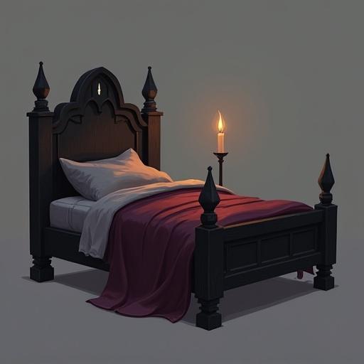Profile view of a simple gothic bed featuring a low arched headboard and plain wooden posts. The mattress is thin with a burgundy blanket and gray sheet. Lit by flickering candlelight, casting soft shadows. Style: 2D digital art in muted colors.
