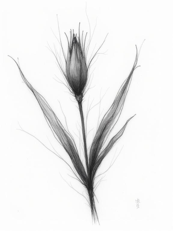 Black line drawing on white background. Detailed sketch of a flower with leaves.
