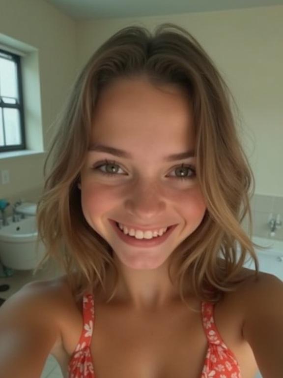 Young girl takes a selfie with a cute smile in a bathroom. Beautiful face with low resolution. Harsh indoor lighting creates highlights and shadows. Details of background visible.