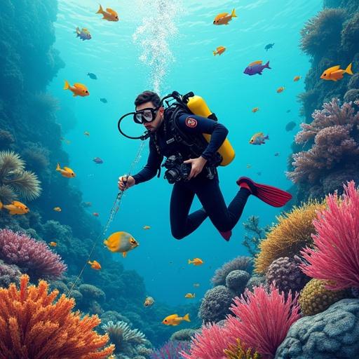 Scuba diver underwater in ocean. Wearing diving gear and colorful tank. Surrounded by coral reef and various fish. The scene is colorful and vibrant. Diver collects ornamental fish. Interaction with marine life emphasized. The environment depicts a healthy coral reef. Light comes from above illuminating the scene.