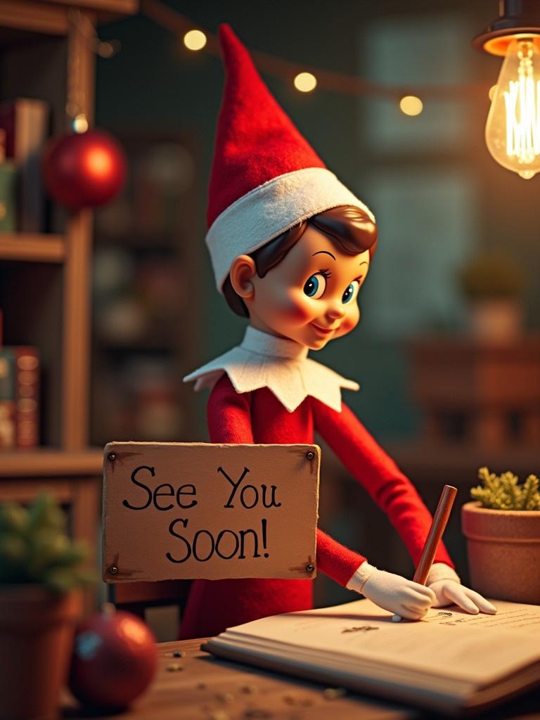 Elf toy wearing a red outfit with a white collar. Elf writing in a notebook. Elf holding a sign that reads 'See You Soon'. Warm festive atmosphere with Christmas decorations.