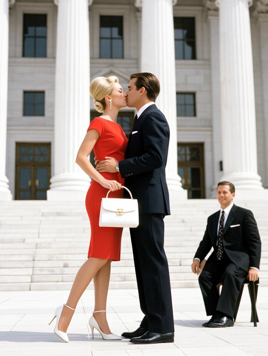 1960s era couple kissing at courthouse. Woman in tight red dress and high heels. Man in suit. Front view. Courthouse steps. Woman holding white purse.