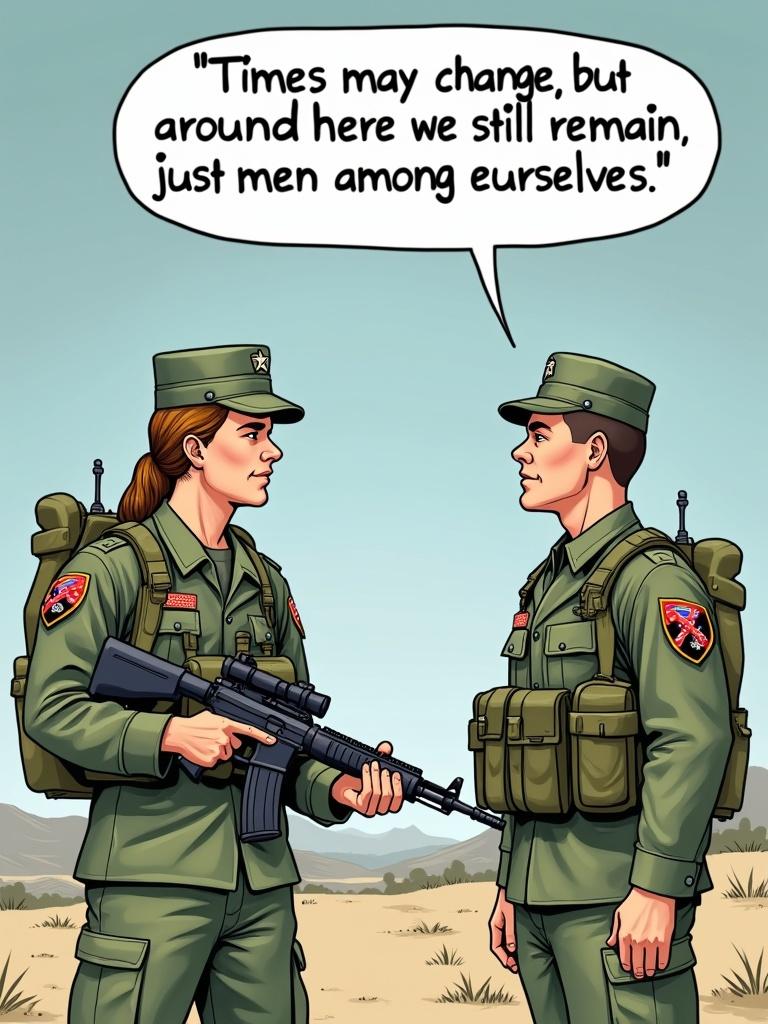 Create a vertical cartoon scene with a female soldier reporting inappropriate behavior to her commander. Dialogue shows a dismissive attitude toward gender issues.