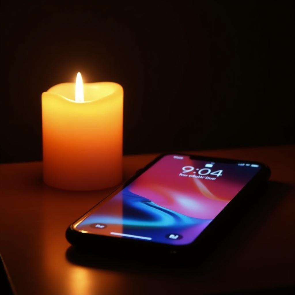 The image features a glowing candle gently illuminating a phone resting on a wooden surface. The candle emits a warm orange hue, creating a cozy atmosphere. The smartphone displays a colorful screen, contrasting with the candle's soft glow. This scene evokes feelings of tranquility and modern living. It captures a moment of relaxation during the evening hours.