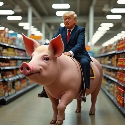 Donald Trump depicted riding a giant pig inside a supermarket.