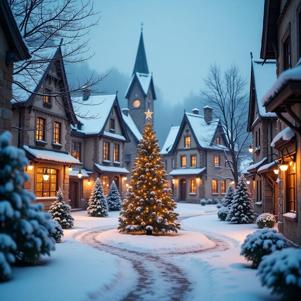 Small snowy town square with a central Christmas tree. Snow covers the ground and rooftops. Houses have warm lights. Pine trees line the path. Atmosphere evokes holiday cheer.