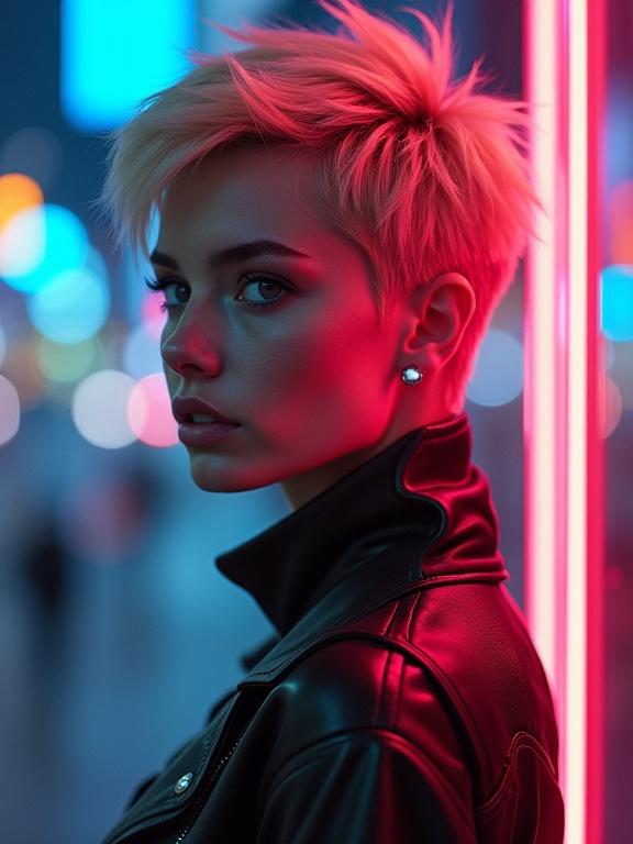 Stunning digital portrait of a woman with blonde pixie hair. Cyberpunk style features bright neon lights. The image captures a vivid and expressive atmosphere. The subject has an edgy look with bold makeup. Background shows blurred city lights, enhancing the cyberpunk theme.