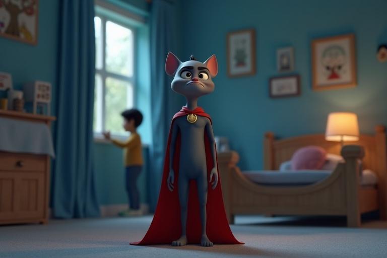 A 3D animated scene depicts Sparky standing in a bedroom. Sadness and jealousy are evident on his human-like face. His red cape droops slightly. Room features soft blues and grays. Rahul plays with Zumo in the background out of focus.