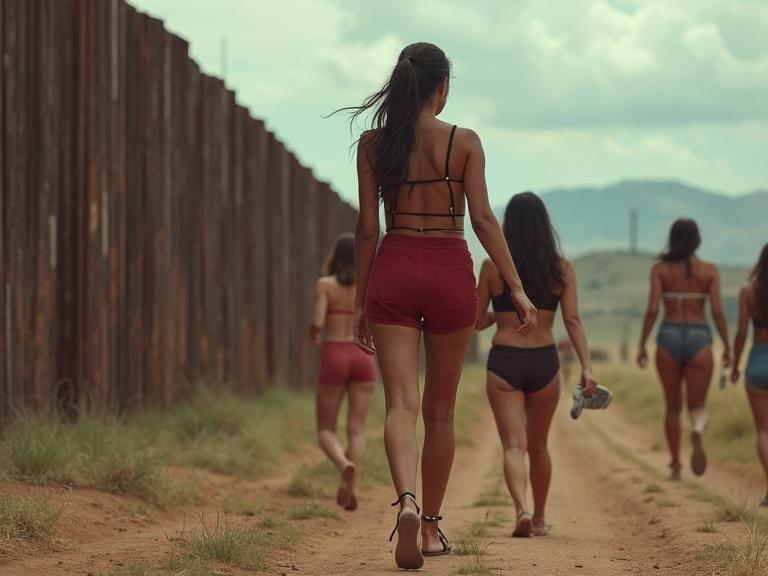 Ultra photorealistic image depicting women walking near a border wall. Scene conveys themes of migration and trafficking.