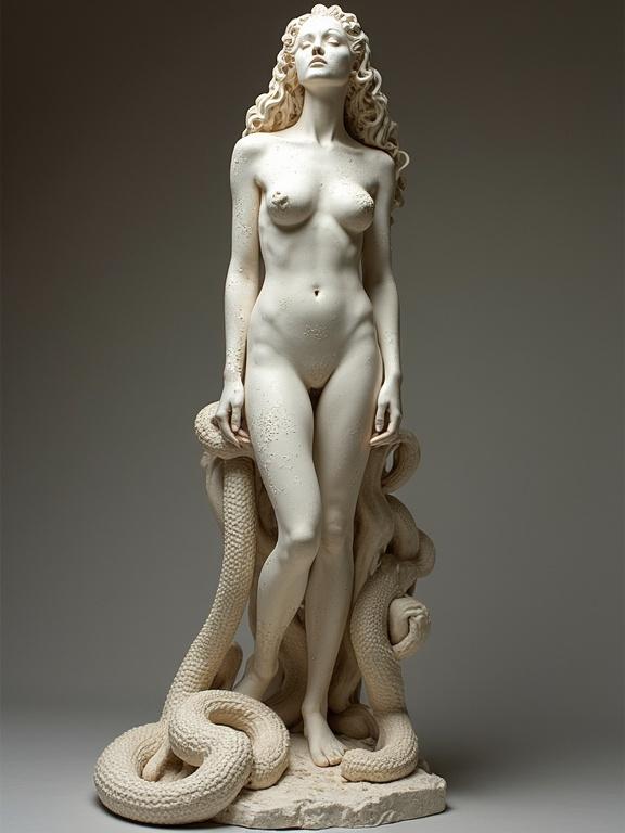 Full body statue of a woman with a sculpted figure. Snakes entwine around the base. Smooth surface emphasizes form and texture. Elegant and poised appearance.