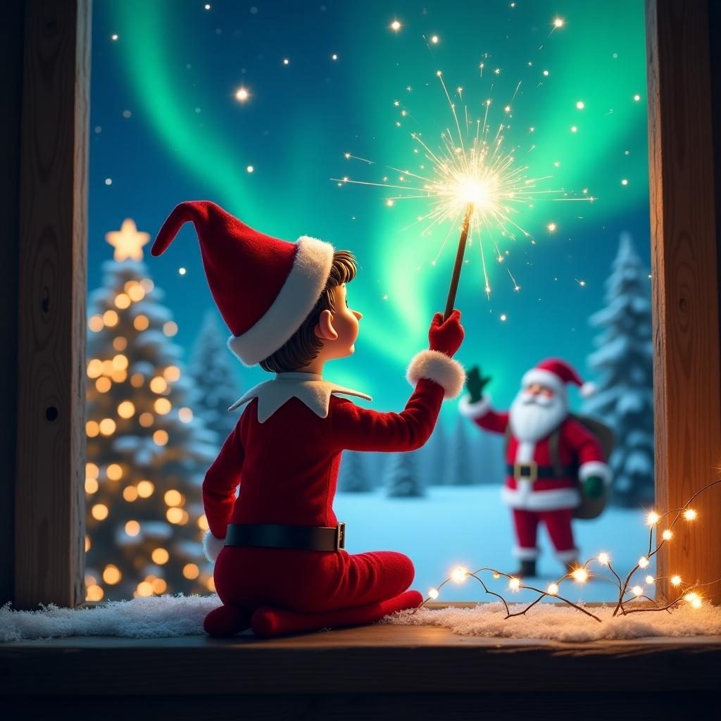 The image showcases an adorable elf on the shelf, sitting with its back to the viewer. The elf is facing a sky filled with beautiful, glowing northern lights. With a wand in hand, it is creating the name 'Lucas' in the sky above. The background is a winter scene, complete with snow-covered trees and a friendly Santa Claus waving cheerfully. Christmas lights twinkle around the window frame, adding to the magical atmosphere. It's a festive and heartwarming visual that captures the essence of the holiday season.