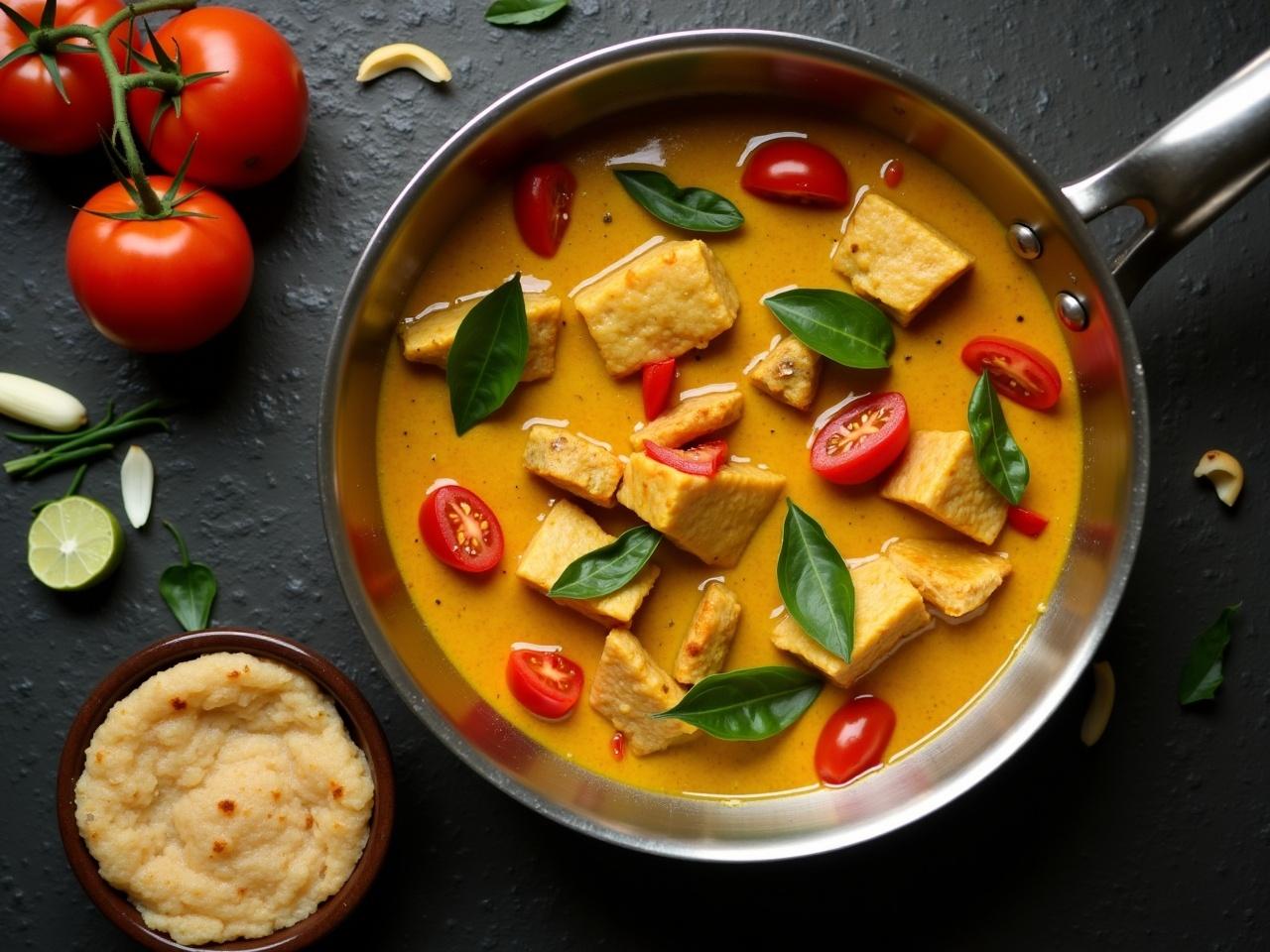 The image shows a delicious fish curry cooking in a large pan. The curry is a rich, creamy color with pieces of fish and sliced tomatoes visible. Fresh green curry leaves are floating on top, adding a nice touch to the dish. Next to the pan, there is a small bowl containing a round, crispy pancake-like dish known as 'appam' or 'hoppers'. The scene is set on a dark stone surface, with some additional sliced tomatoes and shallots scattered around. The overall composition highlights the vibrant colors and textures of the food.