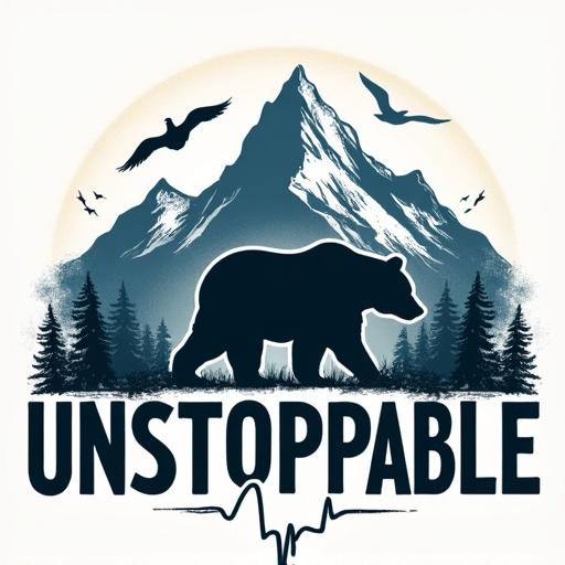 Dynamic silhouette of a grizzly bear in front of rugged mountains. Birds are flying in the background. EKG heartbeat line is integrated with the mountain theme. Bold text says UNSTOPPABLE. The design represents the excitement of trail riding and captures the spirit of mountain biking.